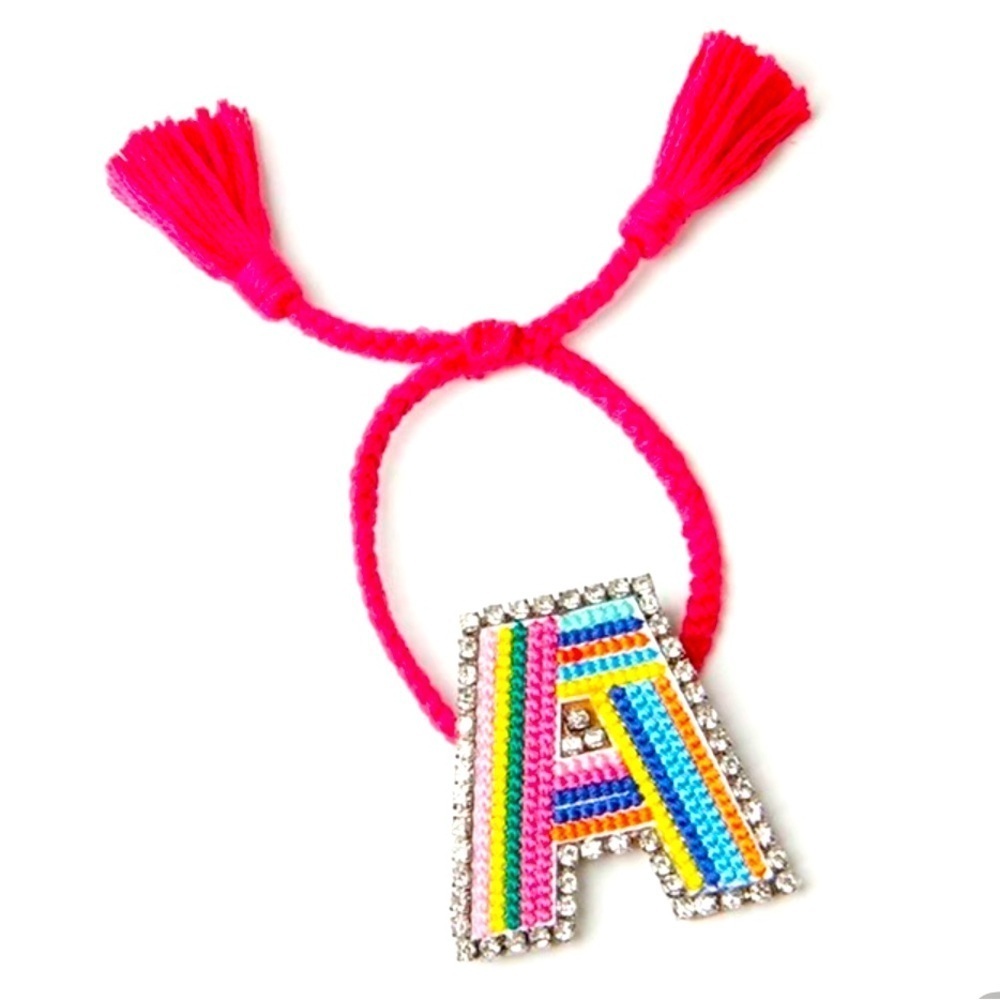 Pink Beaded Bracelet with Letter A in Geometric Pattern and Tassel - Picture 2 of 4
